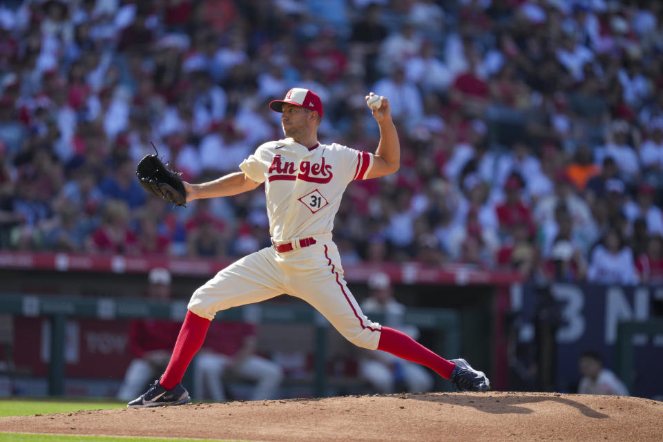 CORRECTS TO 2023 NOT 2021 - Los Angeles Angels starting pitcher Tyler Anderson throws during the first inning inning of a baseball game against the Houston Astros in Anaheim, Calif., Sunday, July 16, 2023. (AP Photo/Eric Thayer)
