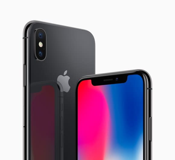 The back of Apple's iPhone X (left) and the front of the iPhone X (right).