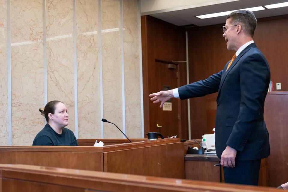 Defense attorney James Landis Spies, attorney for murder defendant Eric Perkins, approaches witness Kristi Mendez during Monday's preliminary hearing for Perkins to ask how close Perkins was to Gregory Dean Butts when Butts was fatally shot.