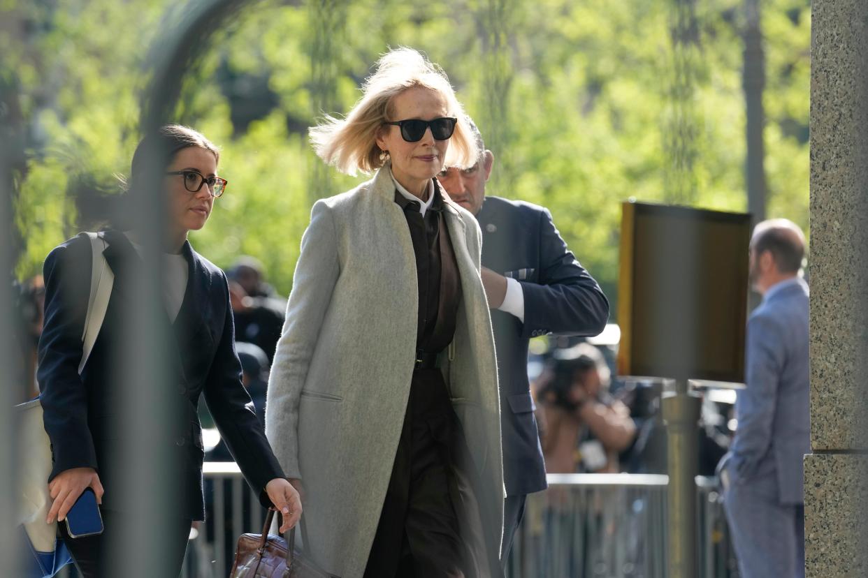 Former advice columnist E. Jean Carroll walks into Manhattan federal court on Tuesday, April 25, 2023, in New York (AP)