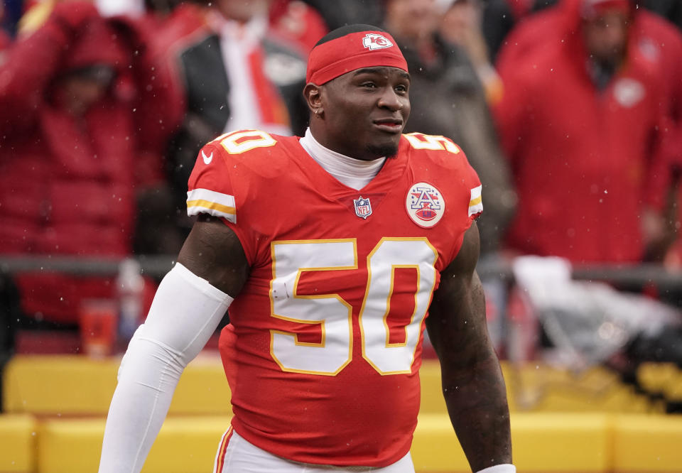 Jan 21, 2023; Kansas City, Missouri, USA; Kansas City Chiefs linebacker Willie Gay (50) warms up prior to an AFC divisional round game against the Jacksonville Jaguars at GEHA Field at Arrowhead Stadium. Mandatory Credit: Denny Medley-USA TODAY Sports