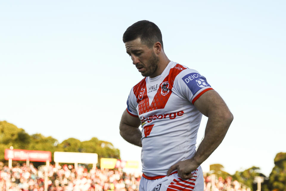 SYDNEY, AUSTRALIA - JUNE 16: Ben Hunt of the Dragons reacts during the round 15 NRL match between Manly Sea Eagles and St George Illawarra Dragons at 4 Pines Park, on June 16, 2024, in Sydney, Australia. (Photo by Jeremy Ng/Getty Images)