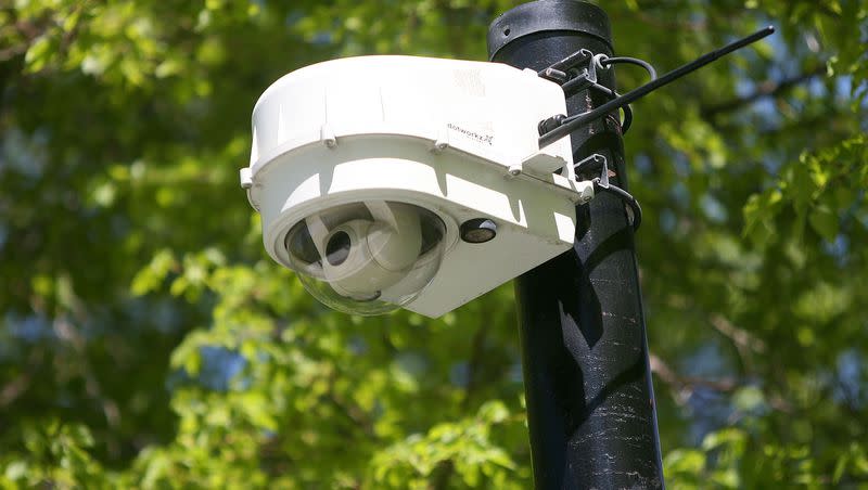 Security cameras in Pioneer Park in Salt Lake City on May 3, 2013.