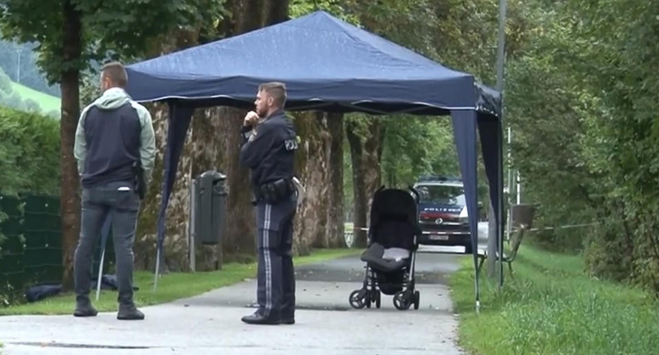Picture shows the empty buggy  left at the crime scene in Sankt Johann, Austria, on Monday, Aug. 29, 2022.  Leon, 6, was found dead and his 37-year-old father was unconscious after an attack. Source: Newsflash/Australscope