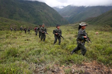 Members of the 51st Front of the Revolutionary Armed Forces of Colombia (FARC) patrol in the remote mountains of Colombia, August 16, 2016. REUTERS/John Vizcaino
