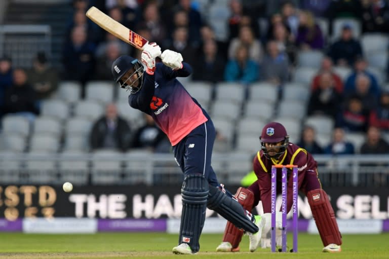 England's Joe Root plays shot during their match against West Indies at Old Trafford, Manchester on September 19, 2017