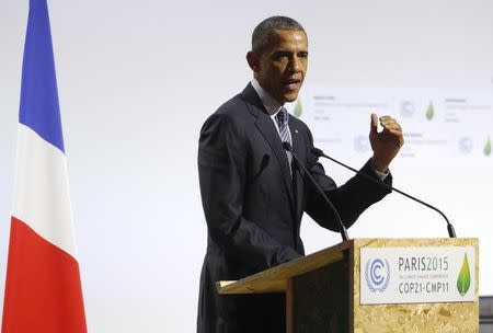 U.S. President Barack Obama delivers a speech on the opening day of the World Climate Change Conference 2015 (COP21) in Le Bourget, near Paris, France, November 30, 2015. REUTERS/Stephane Mahe