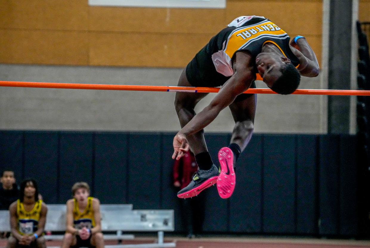 The high-jump winner is Central's Demetrius Outland.