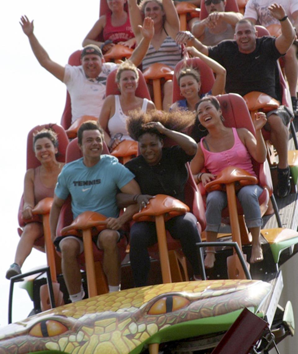 Tennis star Serena Williams, front row at right, took a ride on the Diamondback roller coaster at Kings Island on Aug. 17, 2011. Williams was playing that week in the Western & Southern Open tennis tournament, being held in Mason.