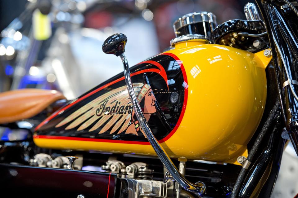 The Garage Brewed Moto Show takes place at Rhinegeist Brewery in Over-the-Rhine on Saturday. Pictured is the gas tank of a 1937 Indian Four Cylinder, owned by Rocky Corsemeier of Cincinnati, taken at the 2018 Garage Brewed show.