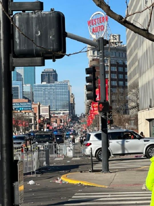 Police cars fill the street after a shooting at the end of the Kansas City Chiefs victory parade and rally, Feb. 14, 2024. (KSN News/Asia Cymone Smith photo)