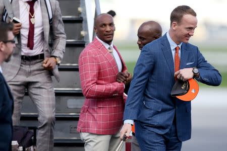 Jan 31, 2016; San Jose, CA, USA; Denver Broncos quarterback Peyton Manning looks on during team arrivals at the Mineta San Jose International Airport in preparation of Super Bowl 50 against the Carolina Panthers. Mandatory Credit: Cary Edmondson-USA TODAY Sports