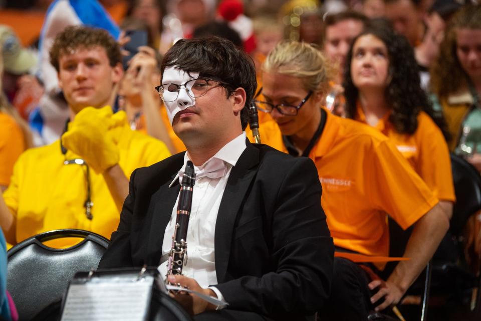 Members of the UT pep band wear Halloween costumes during a game between Tennessee and Lenoir-Rhyne at Food City Center at Thompson-Boling Arena in Knoxville on Tuesday, Oct. 31, 2023.