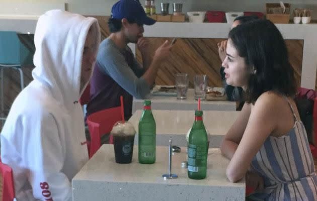 It's believed seeing her ex Justin Bieber has contributed to her leaving The Weeknd. The former couple seen here sharing breakfast on Sunday. Source: Mega