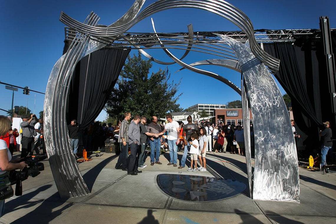 The Hootie and the Blowfish scultpure, unveiled on Oct. 20, 2010, is one Hootie and the Blowfish, is one of seven “selfie spots” indentified by the Five Points Association.