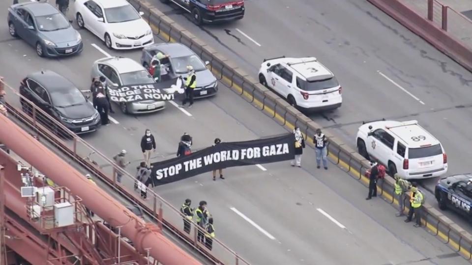 Protestors holding a banner calling for an end to the war in Gaza on the Golden Gate Bridge. KGO-TV