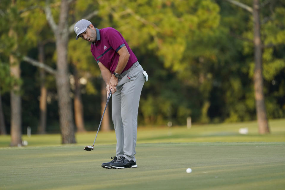 Sergio Garcia, of Spain, watches his putt on the 18th green during the third round of the Sanderson Farms Championship golf tournament in Jackson, Miss., Saturday, Oct. 3, 2020. (AP Photo/Rogelio V. Solis)