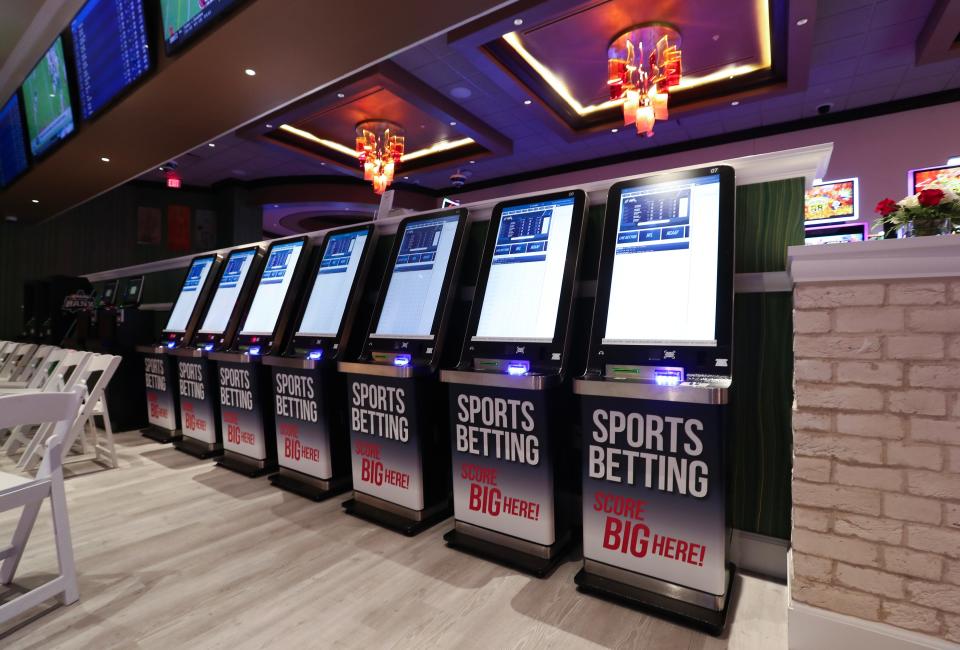 The sports betting kiosks inside the new Derby City Gaming Downtown in Louisville, Ky. on Dec. 4, 2023.