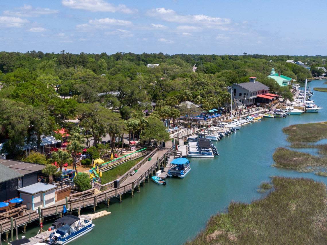 Aerial image of the Murrells Inlet community and MarshWalk. A recent Georgetown County plan for future use of the surrounding properties caused concern for residents the coastal village. Wednesday, April 24, 2024.