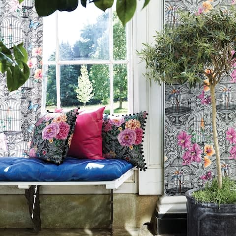 Orangery fabric, £70 per metre, and Orangery wallpaper, £75 per roll; patterned cushions in Duchess Garden fabric, £70 per metre, all Matthew Williamson for Osborne & Little