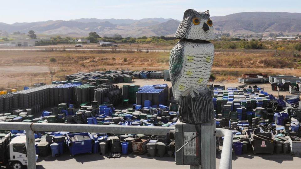 A plastic owl keeps birds away from the three-story anaerobic digester facility in San Luis Obispo, seen during a tour on Oct. 13, 2023.