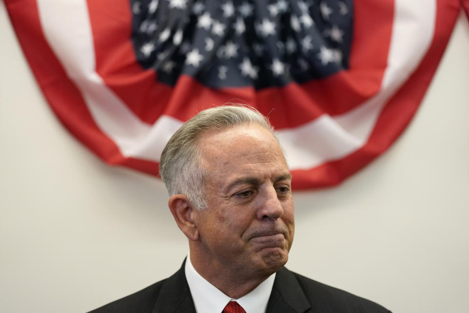 FILE - Clark County Sheriff Joe Lombardo speaks with journalists at a news conference announcing his candidacy for governor of Nevada, on June 28, 2021, in Las Vegas. Las Vegas-based hotel magnate and longtime UFO researcher Robert Bigelow has donated, through his owned companies, a total of $5.7 million to Lombardo’s campaign or PACs supporting his campaign this election cycle. (AP Photo/John Locher, File)