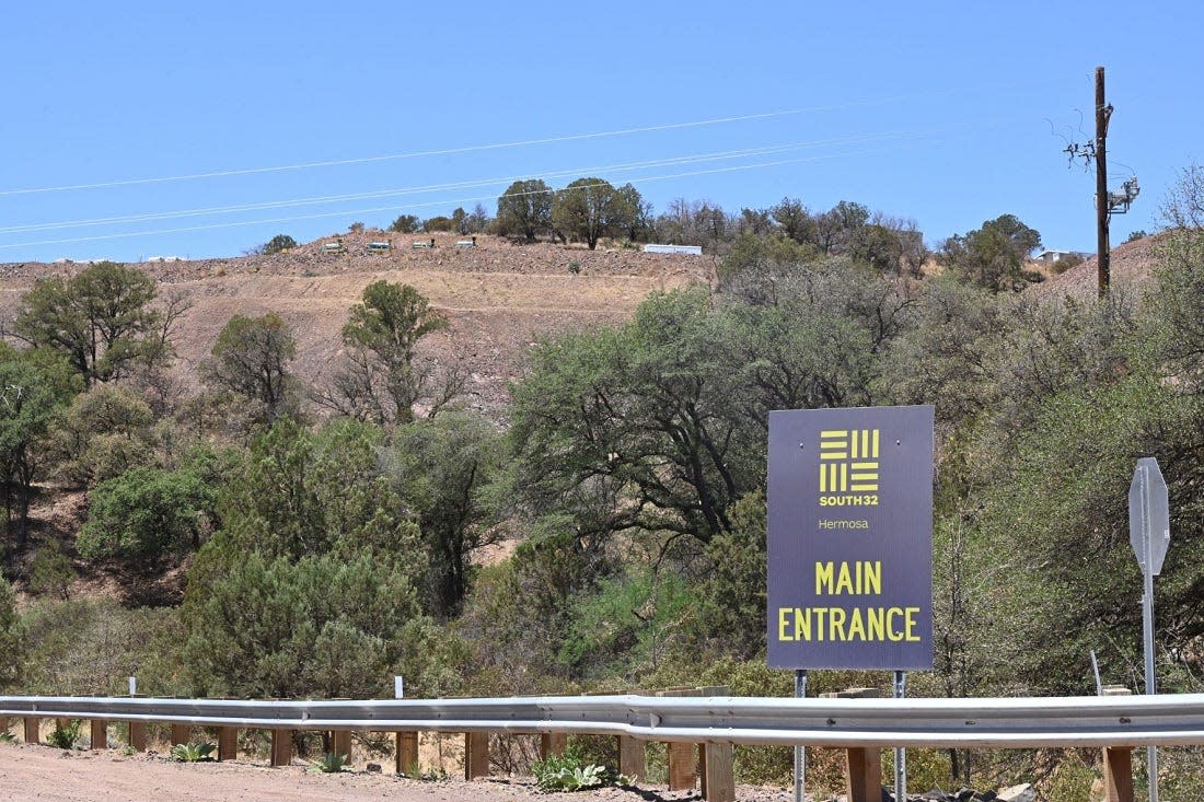 A sign marks the entrance to the South32 Hermosa mining project in the Patagonia Mountains.