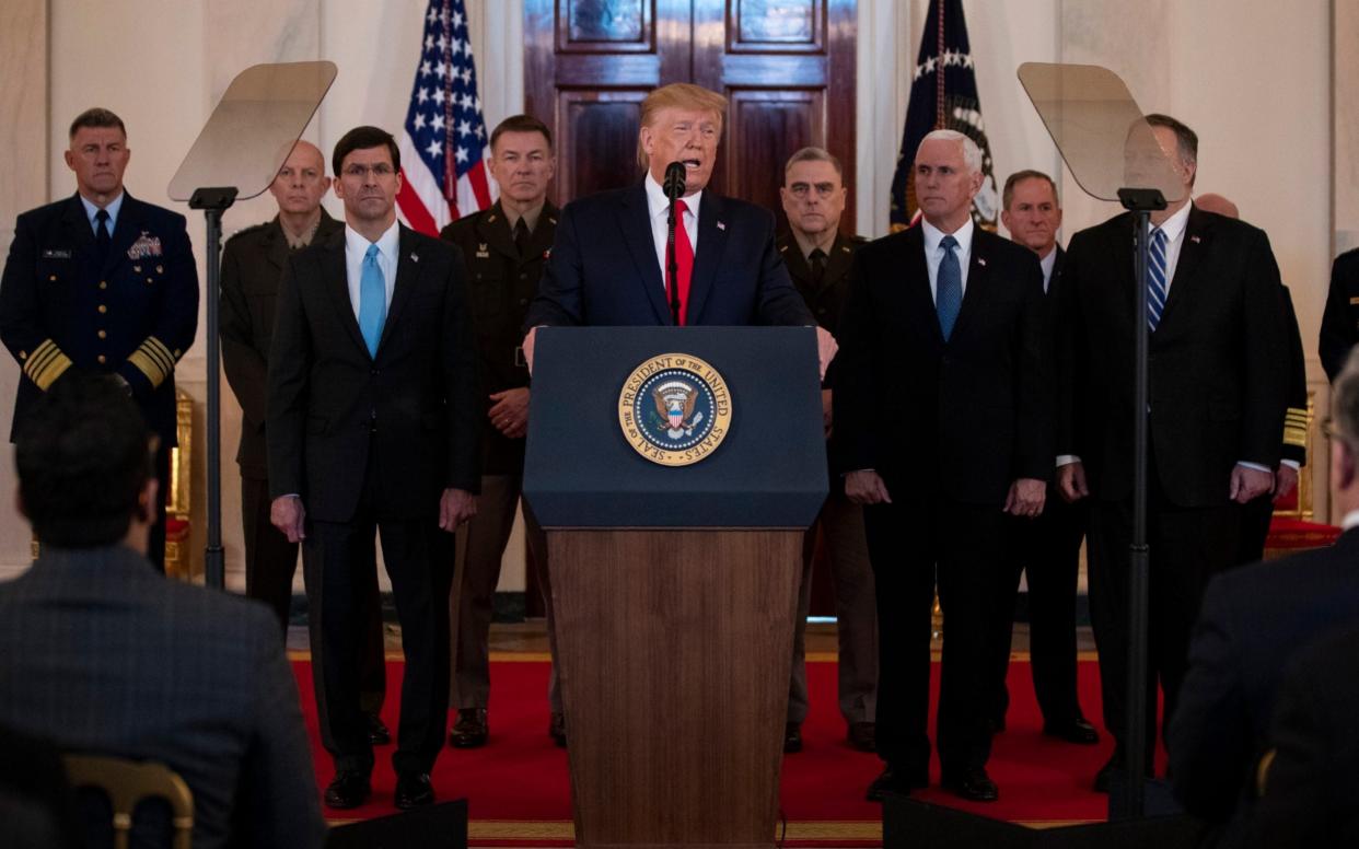 President Donald Trump addresses the nation from the White House on the ballistic missile strike that Iran launched against Iraqi air bases  - AP