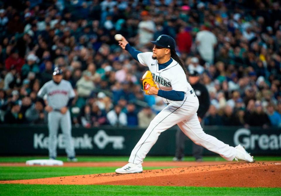 Seattle Mariners starting pitcher Luis Castillo (58) pitches during the second inning of the Mariners home opener against the Cleveland Guardians at T-Mobile Park in Seattle on Thursday, March 30, 2023.