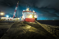 Image shows HMS Protector at night whilst alongside Teeside Docks in Middlesborough (Picture: UK MOD/Crown 2019)