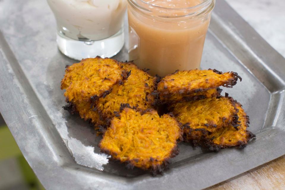 Sweet potato latkes are delicious and crispy and perfect accompanied by unsweetened applesauce and plain Greek yogurt or sour cream.