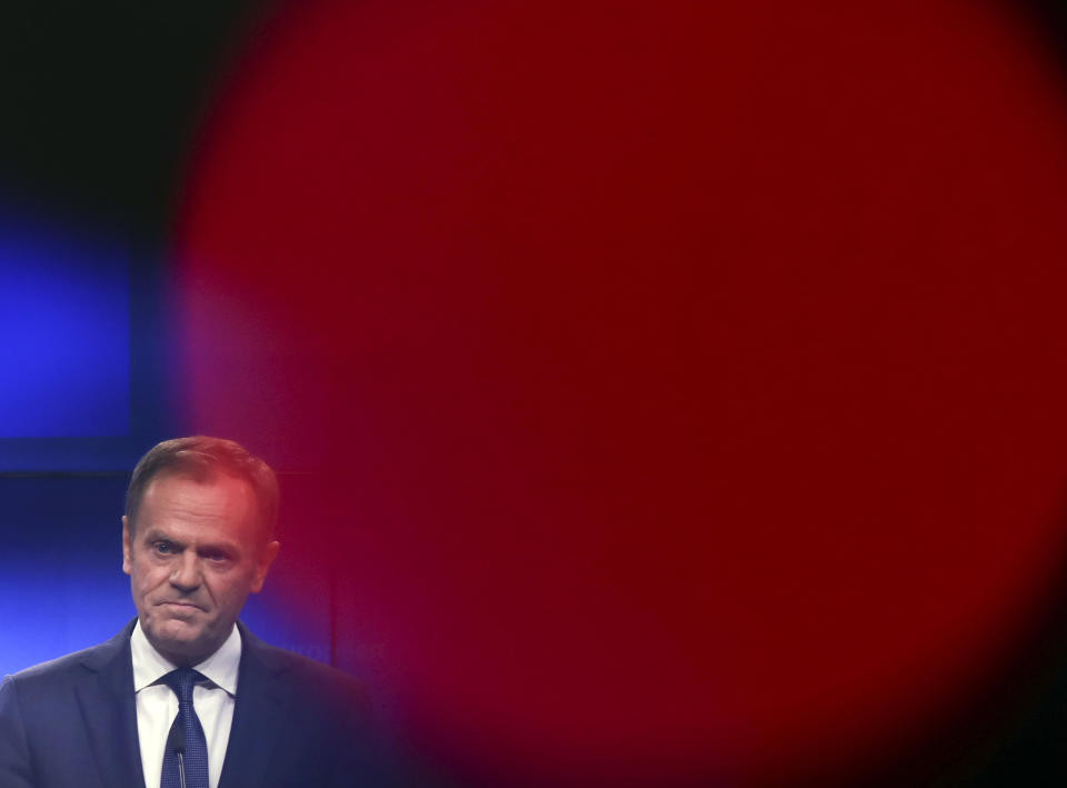European Council President Donald Tusk makes a joint statement with Irish Prime Minister Leo Varadkar following their meeting at the Europa building in Brussels, Wednesday, Feb. 6, 2019. (AP Photo/Francisco Seco)