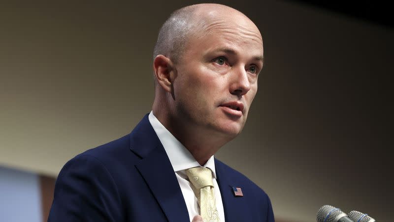 Gov. Spencer Cox speaks at his PBS monthly news conference at the Eccles Broadcast Center in Salt Lake City on Thursday, Oct. 19, 2023.