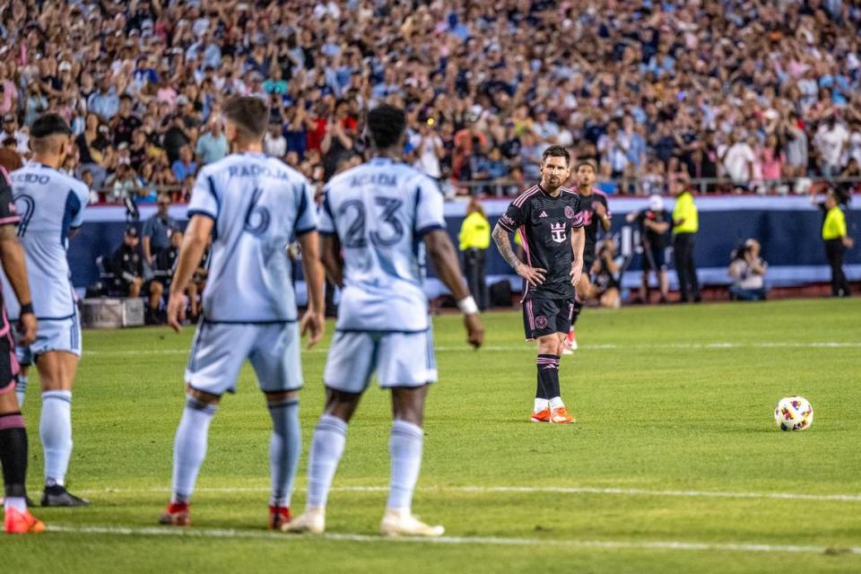 Inter Miami forward Lionel Messi (10) prepares to kick a free kick during the first half of an MLS game against Sporting Kansas City at GEHA Field at Arrowhead Stadium on Saturday, April 13, 2024, in Kansas City.