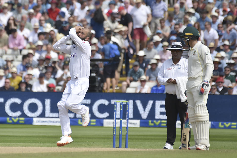 England's Moeen Ali bowls to Australia's Alex Carey during day three of the first Ashes Test cricket match between England and Australia at Edgbaston, Birmingham, England, Sunday, June 18, 2023. (AP Photo/Rui Vieira)