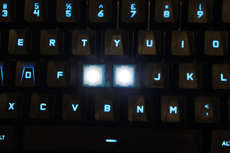 The center illumination is a feature of the Romer-G keys, which makes the keys brighter and clearer even under normal lighting.