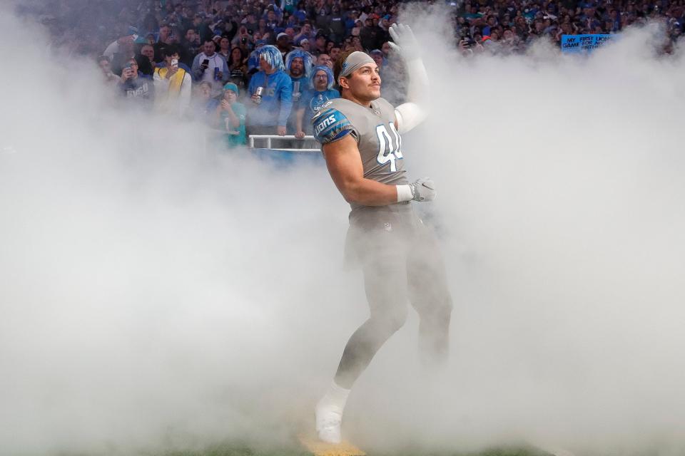 Detroit Lions linebacker Malcolm Rodriguez (44) during players introduction before the game against the Miami Dolphins at Ford Field in Detroit on Sunday, Oct. 30, 2022.