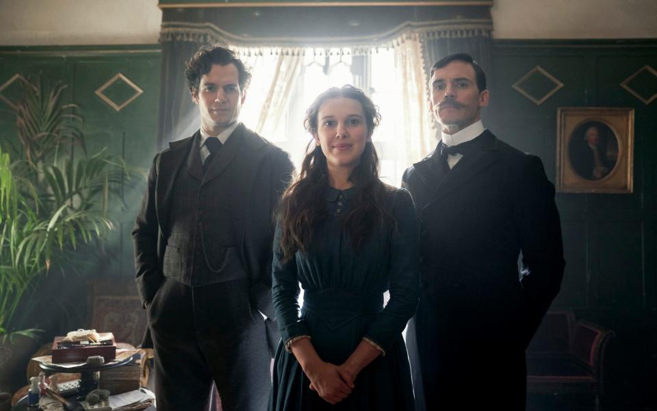 Henry Cavill, Millie Bobby Brown and Sam Claflin in Enola Holmes - Netflix