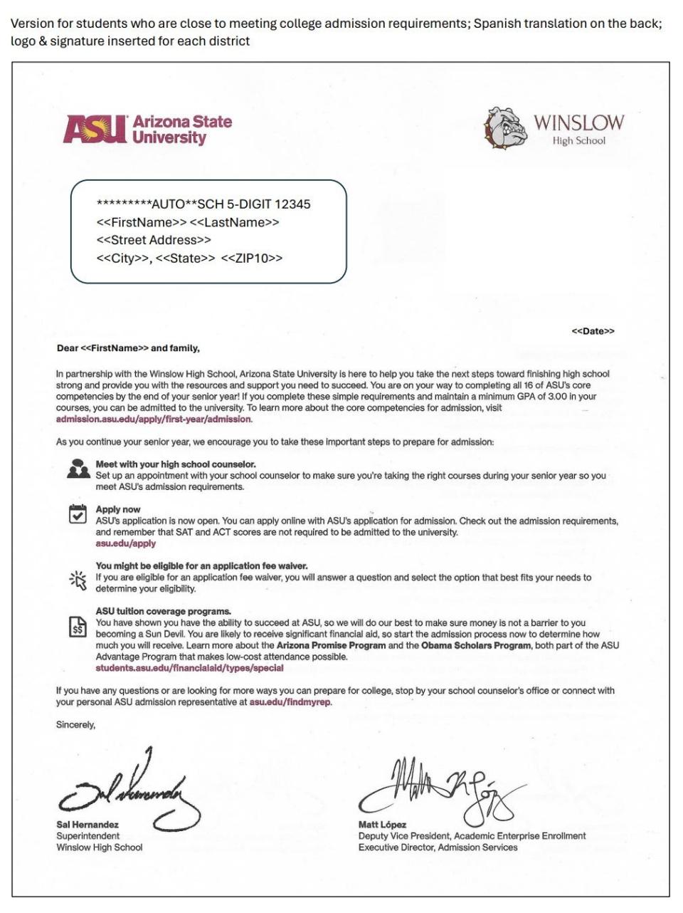 ASU sample acceptance letter sent when student is close to meeting college admission requirements