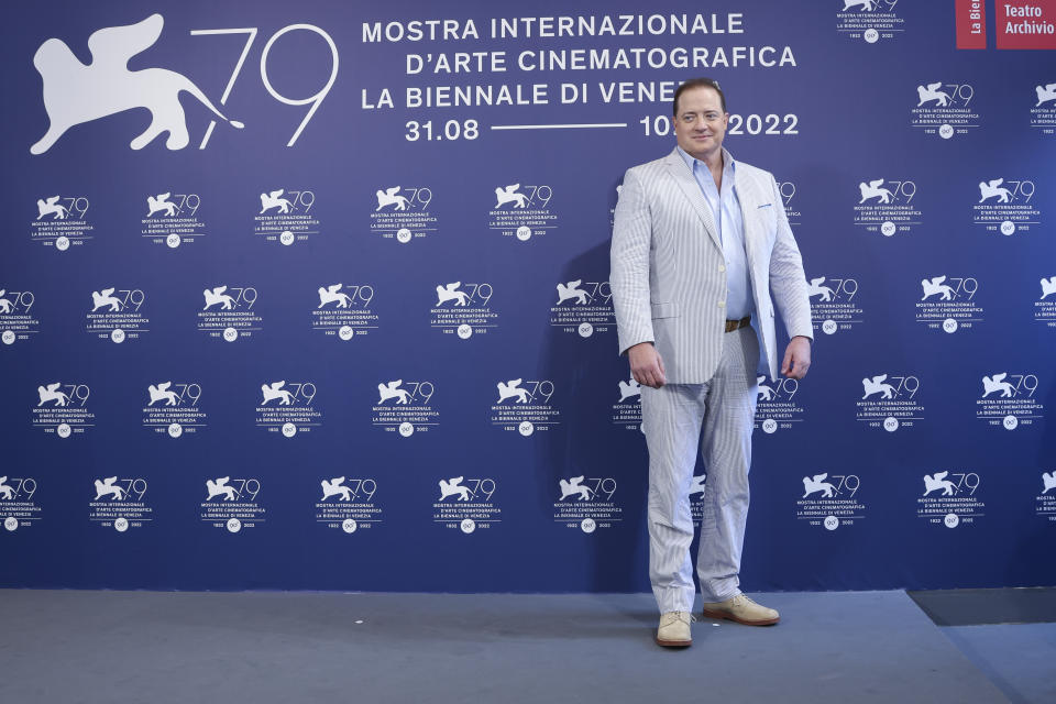 Brendan Fraser poses for photographers at the photo call for the film 'The Whale' during the 79th edition of the Venice Film Festival in Venice, Italy, Sunday, Sept. 4, 2022. (Photo by Joel C Ryan/Invision/AP)