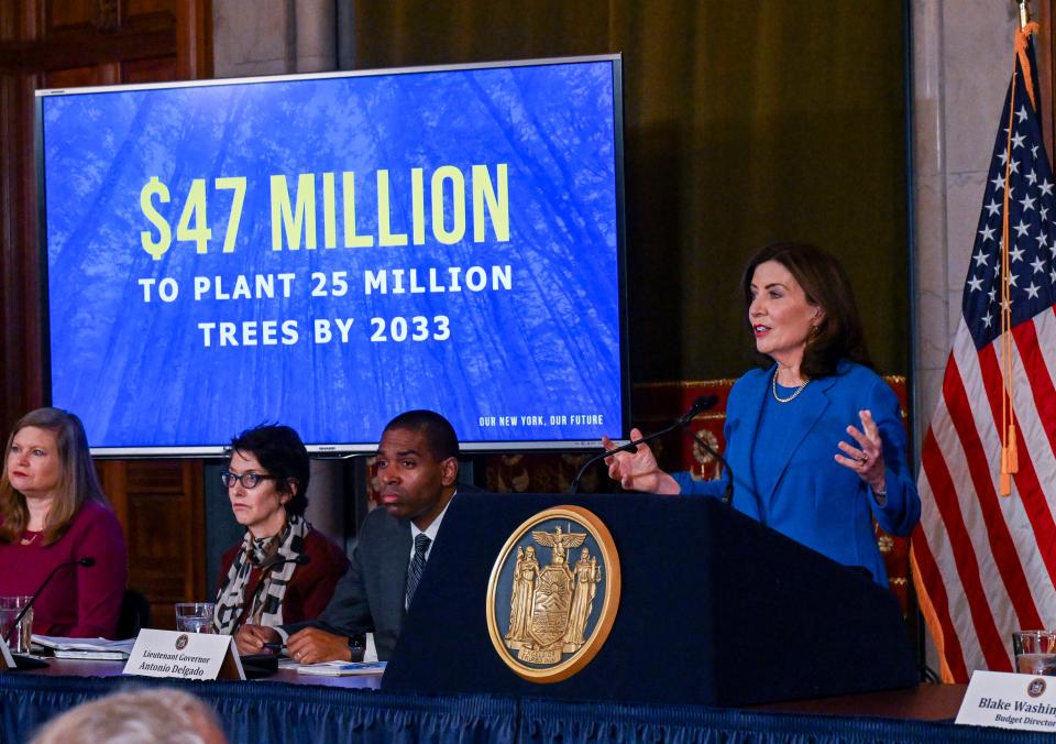 New York Gov. Kathy Hochul presents her 2025 executive state budget in the Red Room at the state Capitol Tuesday, Jan. 16, 2024, in Albany, N.Y. (AP Photo/Hans Pennink)