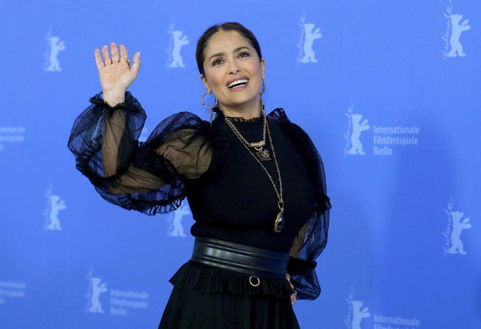 FILE - Salma Hayek attends a photo call for "The Roads Not Taken" at the 70th International Film Festival, Berlinale, in Berlin, Germany, on Feb. 26, 2020. Hayek turns 55 on Sept. 2. (AP Photo/Michael Sohn, File)