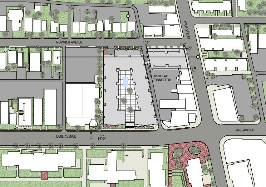 A Texas developer is proposing to build two connected student housing buildings on the west side of North High Street and north of Lane Avenue. The proposed buildings are shown in light gray in this rendering.