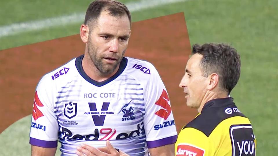 Cameron Smith, pictured here talking to referee Gerard Sutton in the NRL grand final.