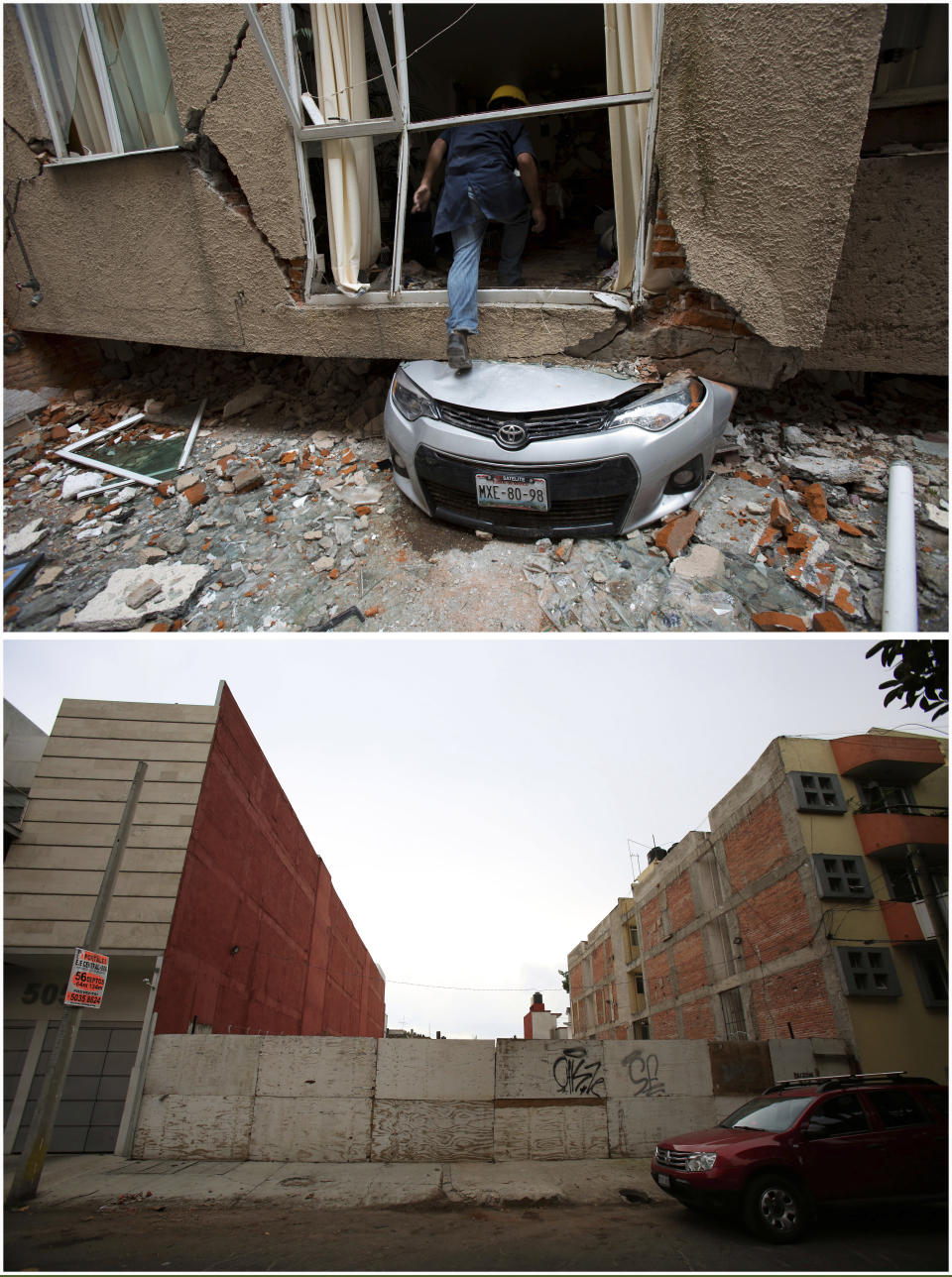 This photo combination shows the site at Tokio 517 where two apartment buildings collapsed and another was heavily damaged in last year's 7.1 magnitude earthquake, one month after the quake on Oct. 18, 2017, top, and one year later, on Sept. 16, 2018, after the buildings had been demolished, in Mexico City. The slow pace of demolition, let alone rebuilding, is frustrating both to those who lost their homes and to those left living amid shattered eyesores that look like they could collapse at any time onto sidewalks and streets still cordoned off after the 2017 quake. (AP Photos/Rebecca Blackwell)