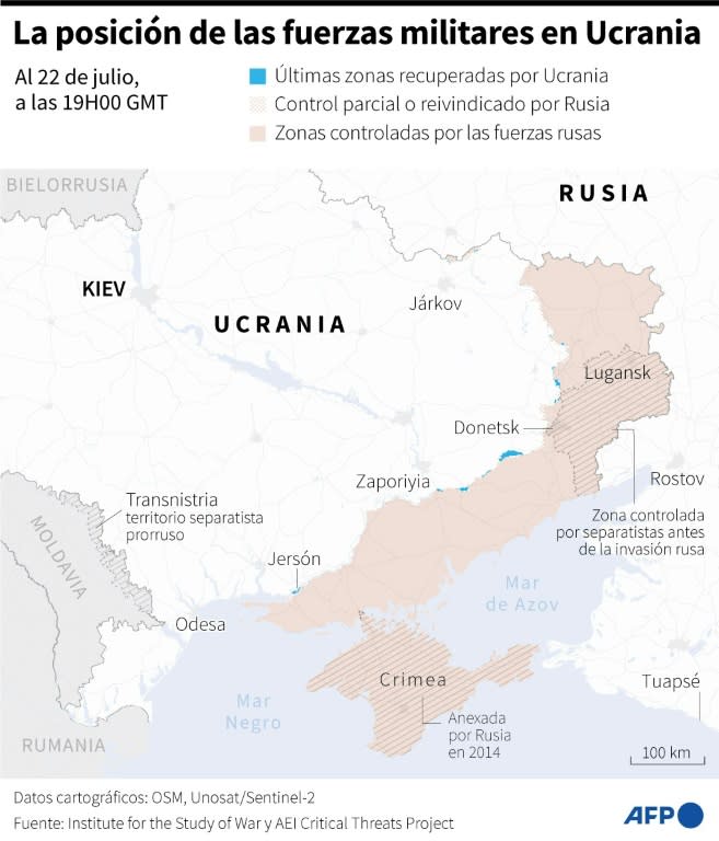 Mapa de las zonas controladas por las fuerzas ucranianas y rusas en Ucrania, al 22 de julio de 2024 a las 19H00 GMT (Cléa Péculier, Sophie Ramis, Valentin Rakovsky)
