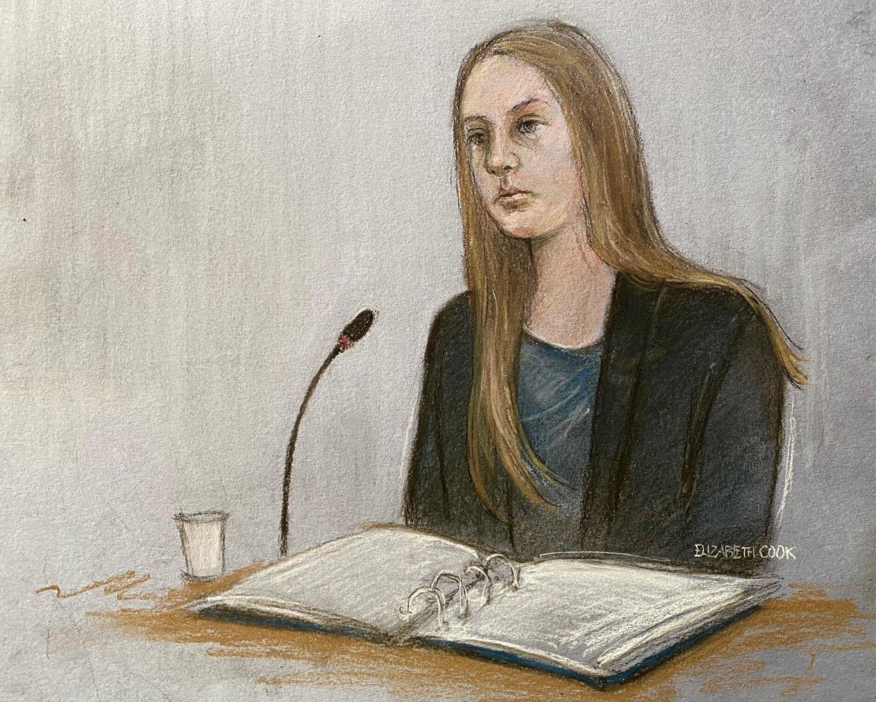 Court artist drawing by Elizabeth Cook of Lucy Letby giving evidence during her trial at Manchester Crown Court, where she is accused of attempting to murder a baby girl in February 2016 when she worked as a nurse at the Countess of Chester Hospital's neonatal unit. Picture date: Monday June 24, 2024.