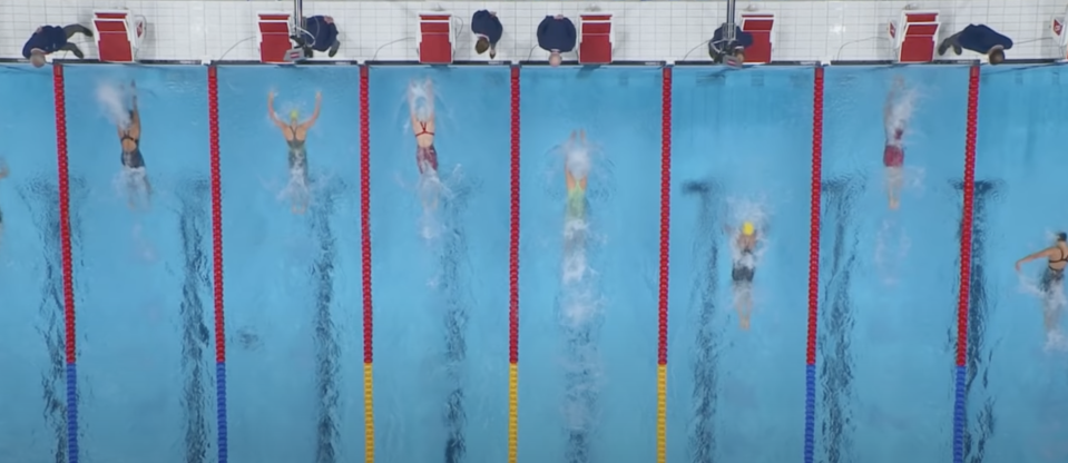 Torri Huske (left, Lane 2) finished just behind Australia's Emma McKeon (Lane 3), China's Zhang Yufei (Lane 4) and Canada's Maggie Mac Neil (Lane 7) at the 2021 Tokyo Olympics.