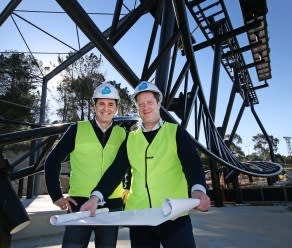 Adventure World General Manager Ross Ogilvie and CEO Mark Shaw inspect the early work on the park's new roller coaster which is expected to be complete in October. Picture: Mogens Johansen/The West Australian