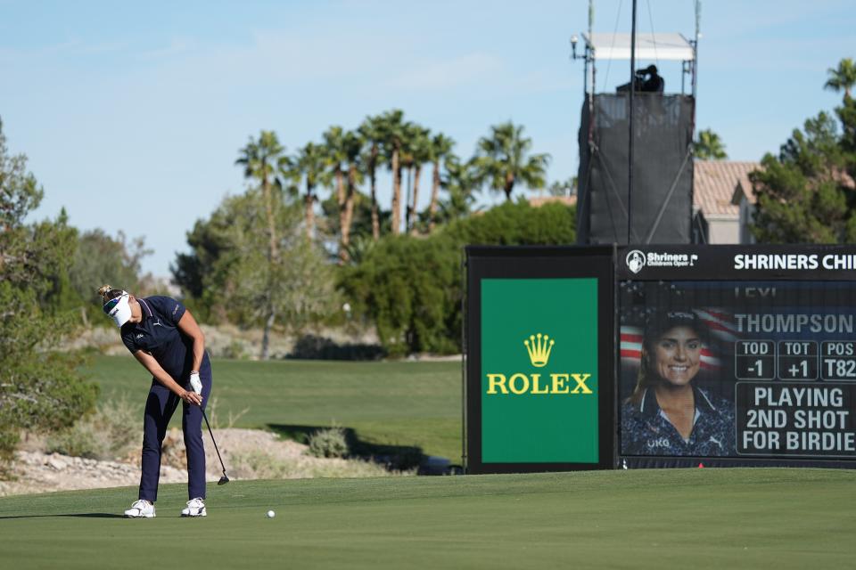 Oct 13, 2023; Las Vegas, Nevada, USA; Lexi Thompson putts for birdie on the fourteenth green during the second round of the Shriners Children's Open golf tournament at TPC Summerlin. Mandatory Credit: Ray Acevedo-USA TODAY Sports